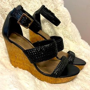 BCBG Sz 9 cork wedge leather sandals